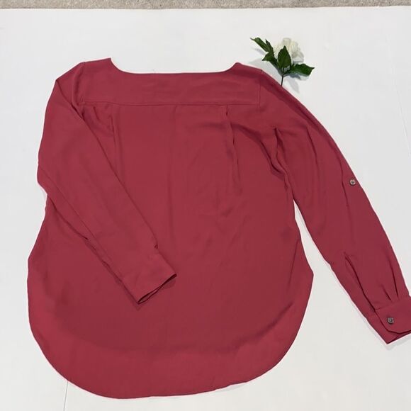 LOFT Top Crimson Red Blouse Solid Boat Neck Long Roll-Tab Sleeves XS - Picture 2 of 8